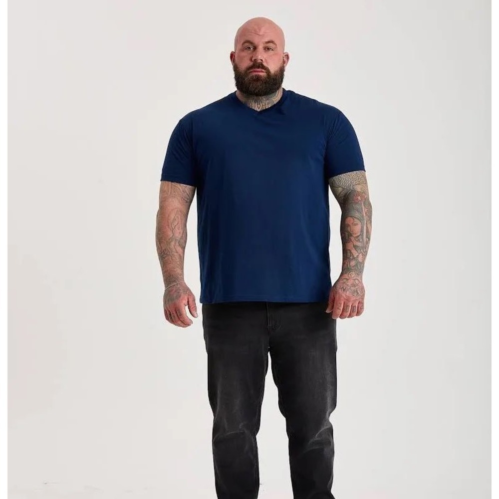 Built Different Mens V-Neck‎ Tee Deep Blue Athletic Fit Shirt 3XL New